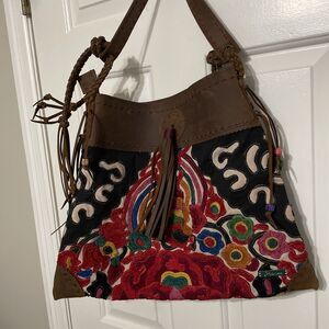 Pranee Brooklyn Collection Leather Tote Shoulder Bag Embroidered Artisan Made